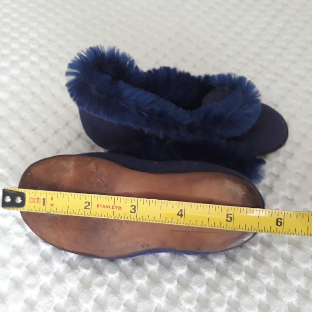 Vintage 1920's Children's Bed Slippers Blue Felt Wool Chenille Trim Wooden Sole - Picture 8 of 12